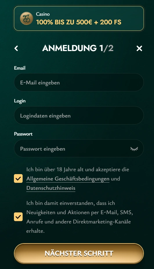 Cashed Casino Registration form step 1